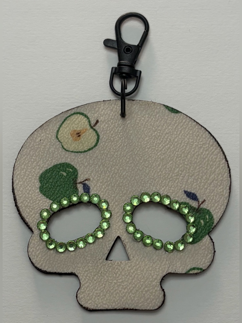Upcycled  COACH Skull Keychain Charm with 🍏 Print and Lime Green Rhinestones